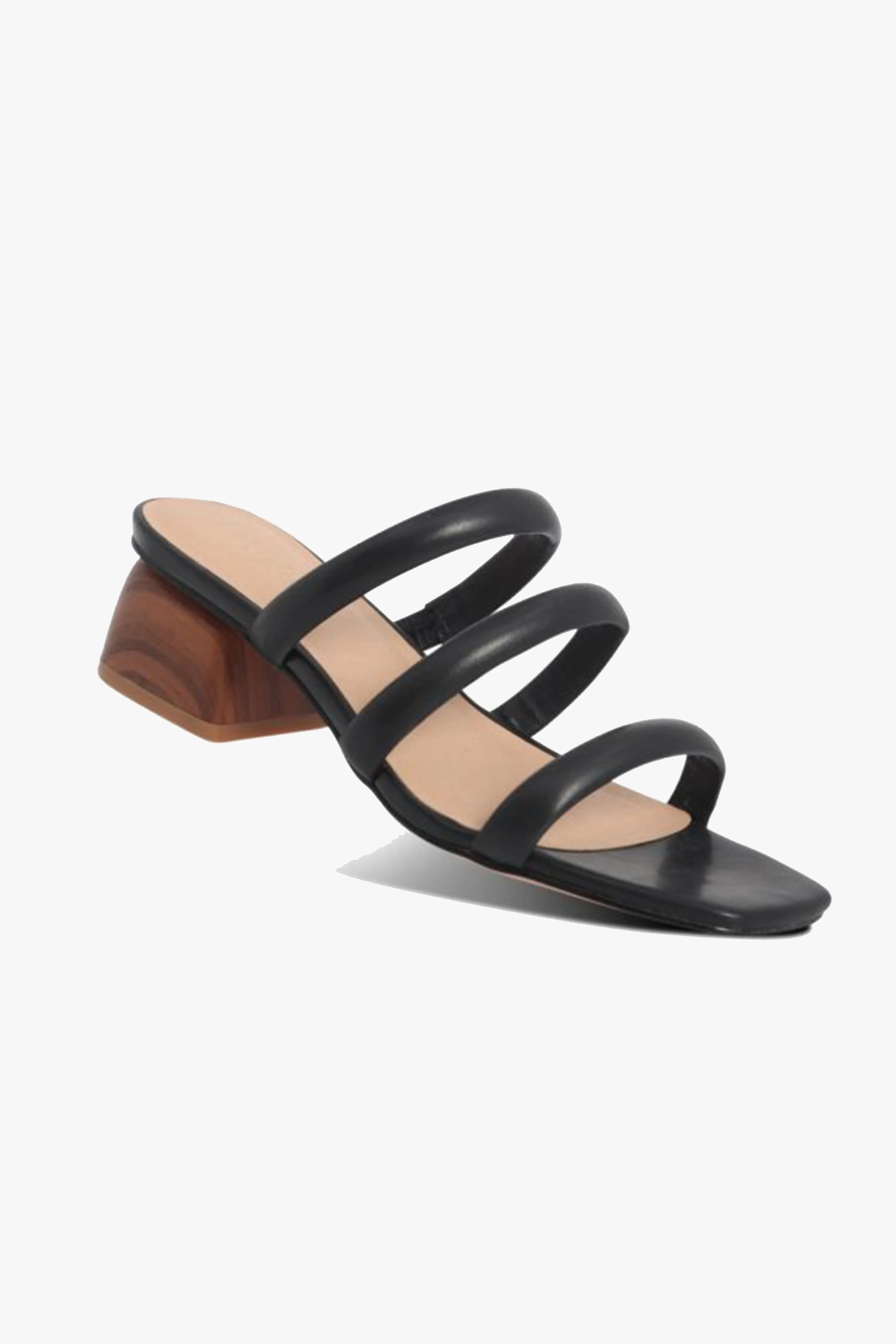Juniper Black Square Toe Triple Strap Mid Heel Slide