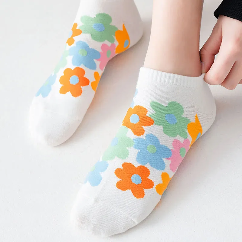 Plus Size Colored Flowers No Show Socks(5 Pairs)