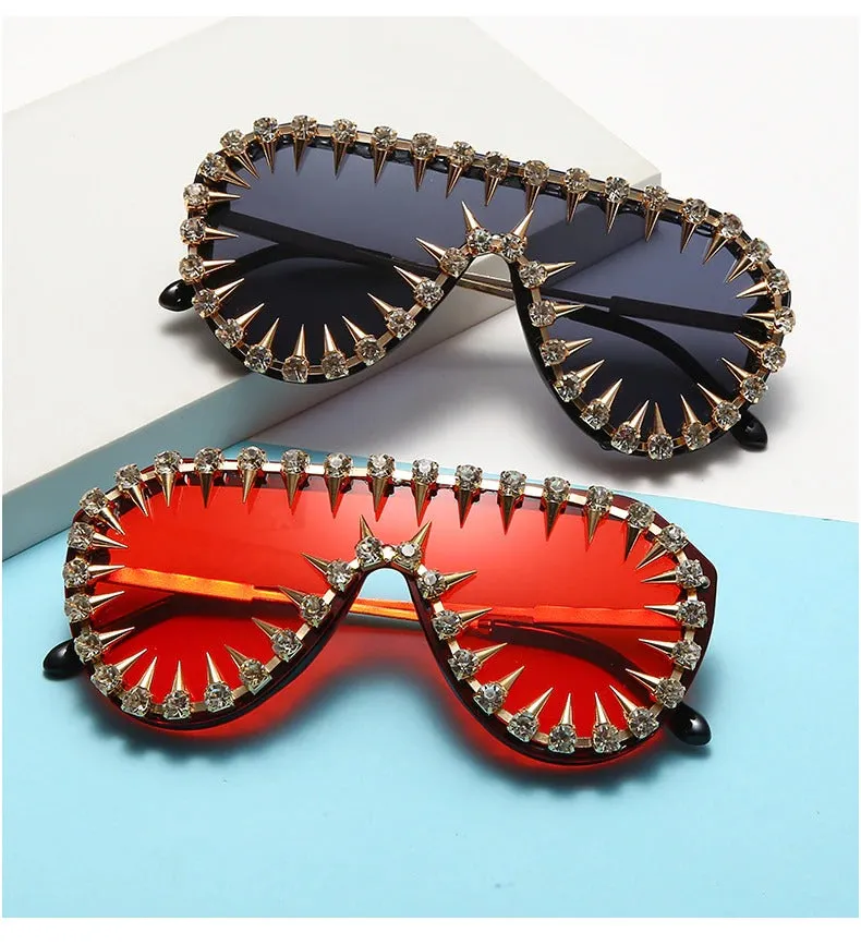 Unisex Luxury Steampunk Nail Diamond Rhinestones Oversized Sunglasses